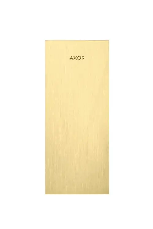 Metallplatte in gebürstetem Messing von AXOR, rechteckig mit gleichmäßiger Oberfläche, im minimalistischen Design vor hellem Hintergrund.